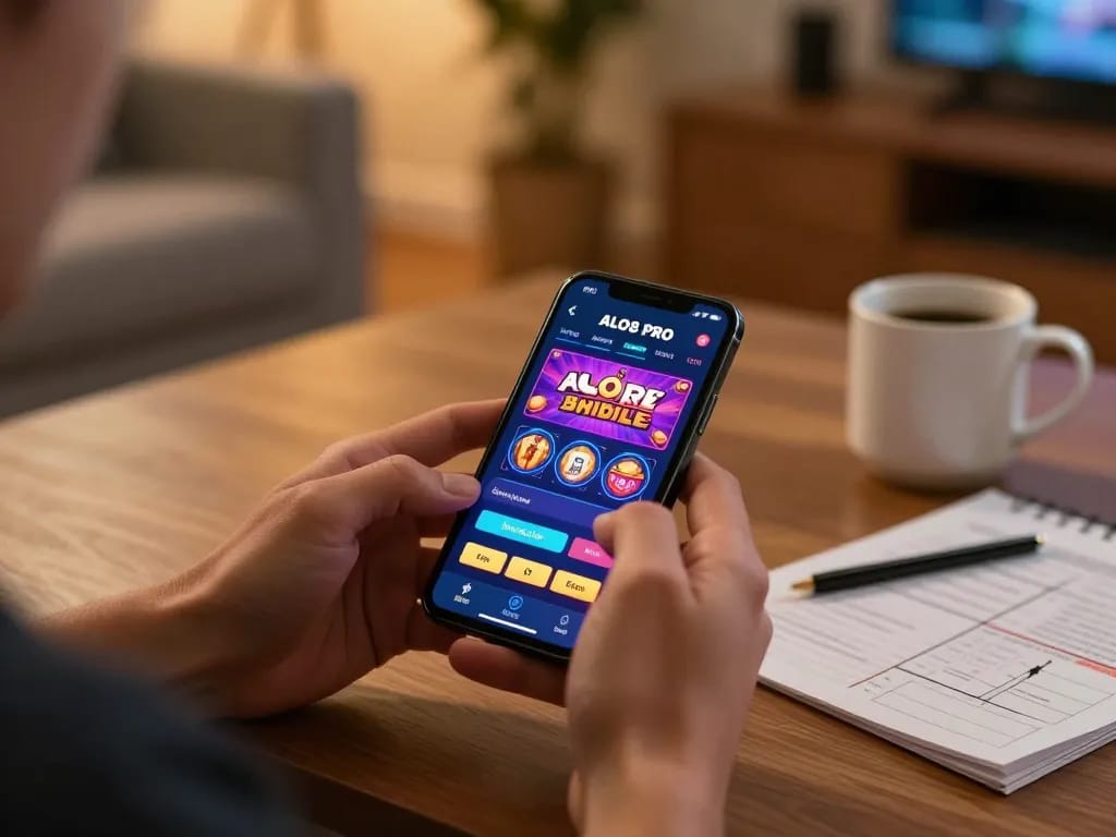 Player enjoying ALO8 PRO app with vibrant casino graphics on smartphone during a cozy home gaming session.