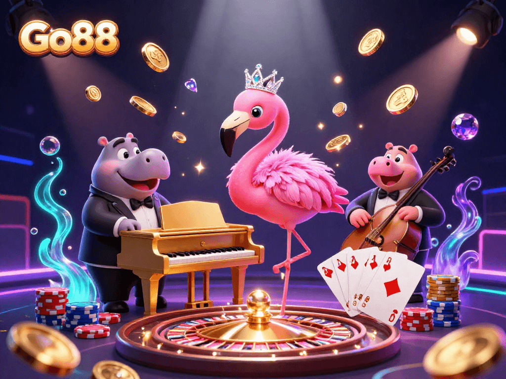 Experience the thrill of Go88 as vibrant characters play in a dynamic casino scene filled with action and excitement.