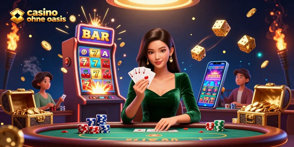 Play exciting games at a vibrant casino ohne oasis table, featuring an Asian woman in an emerald dress with sparkling gold details.