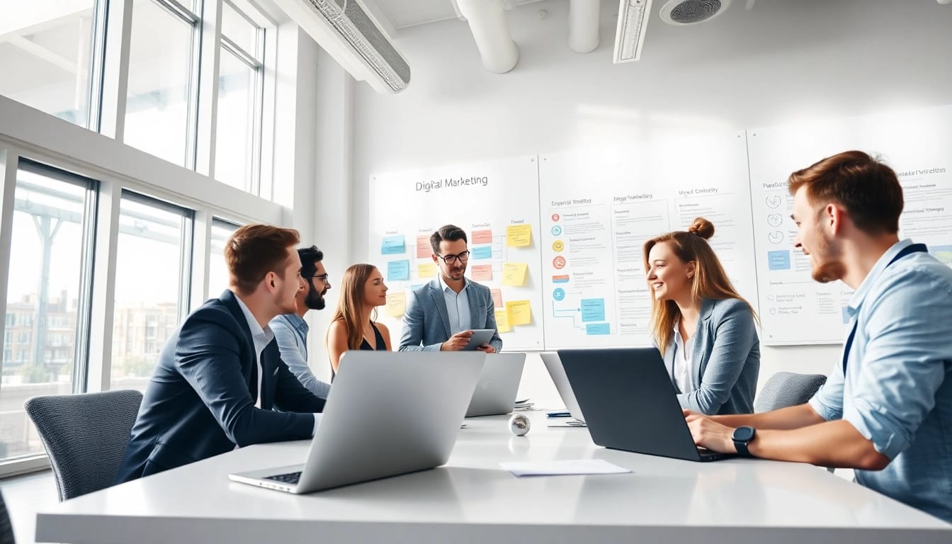 Strategien im Online Marketing mit einem engagierten Team im modernen Büro entwickeln.