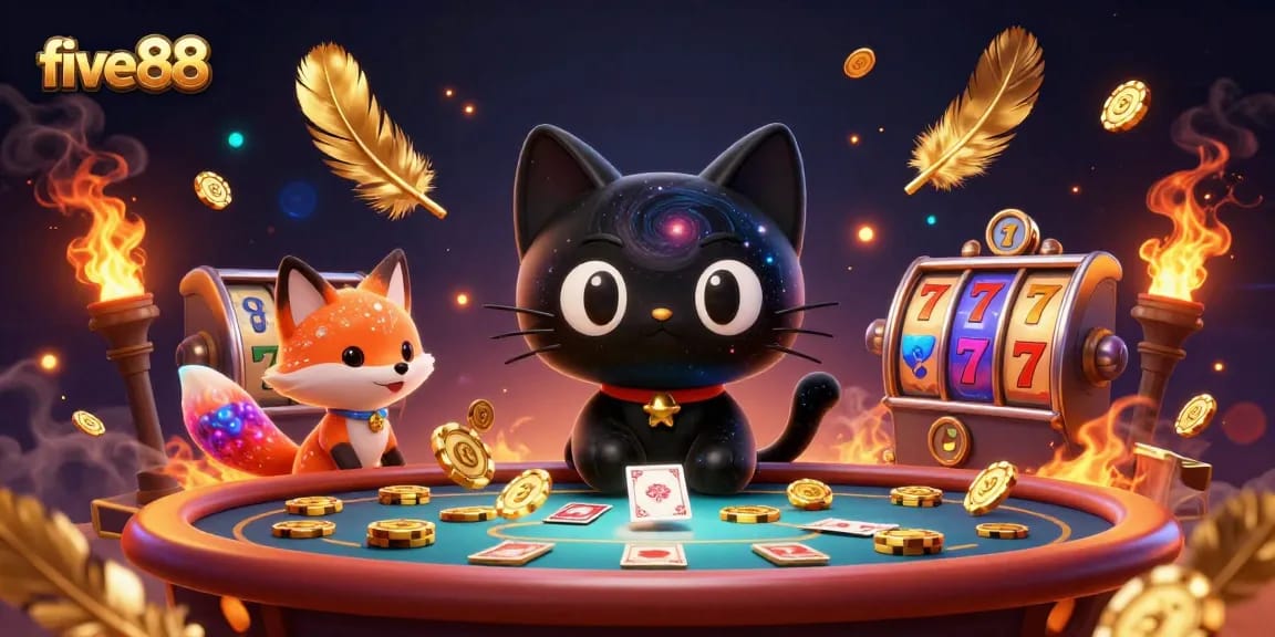Join the cosmic fun at five 88 as the black hole cat draws in winnings at the spinning slot table!