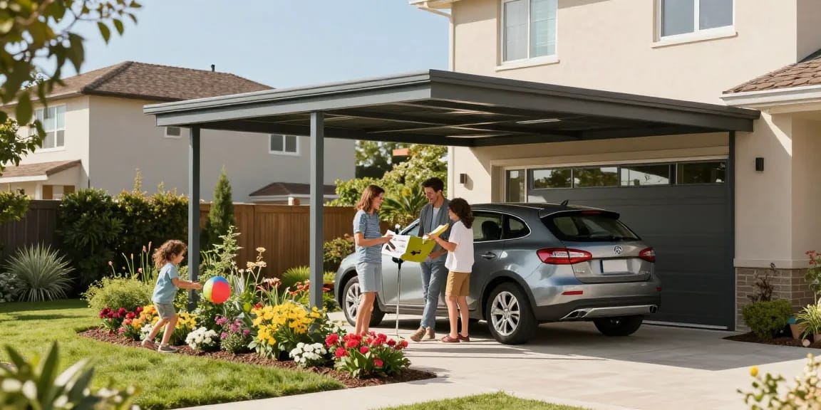 Moderne Carport-Lösung mit Familie im Garten und Spielaktivitäten.