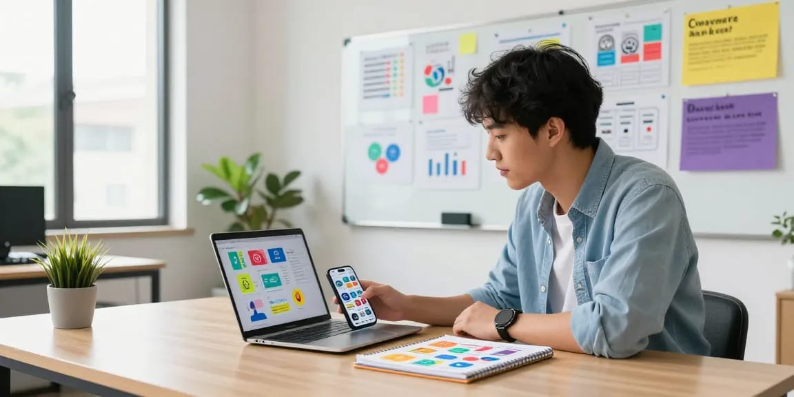Facebook Views kaufen: Marketingprofi analysiert soziale Medien in modernem Büro.
