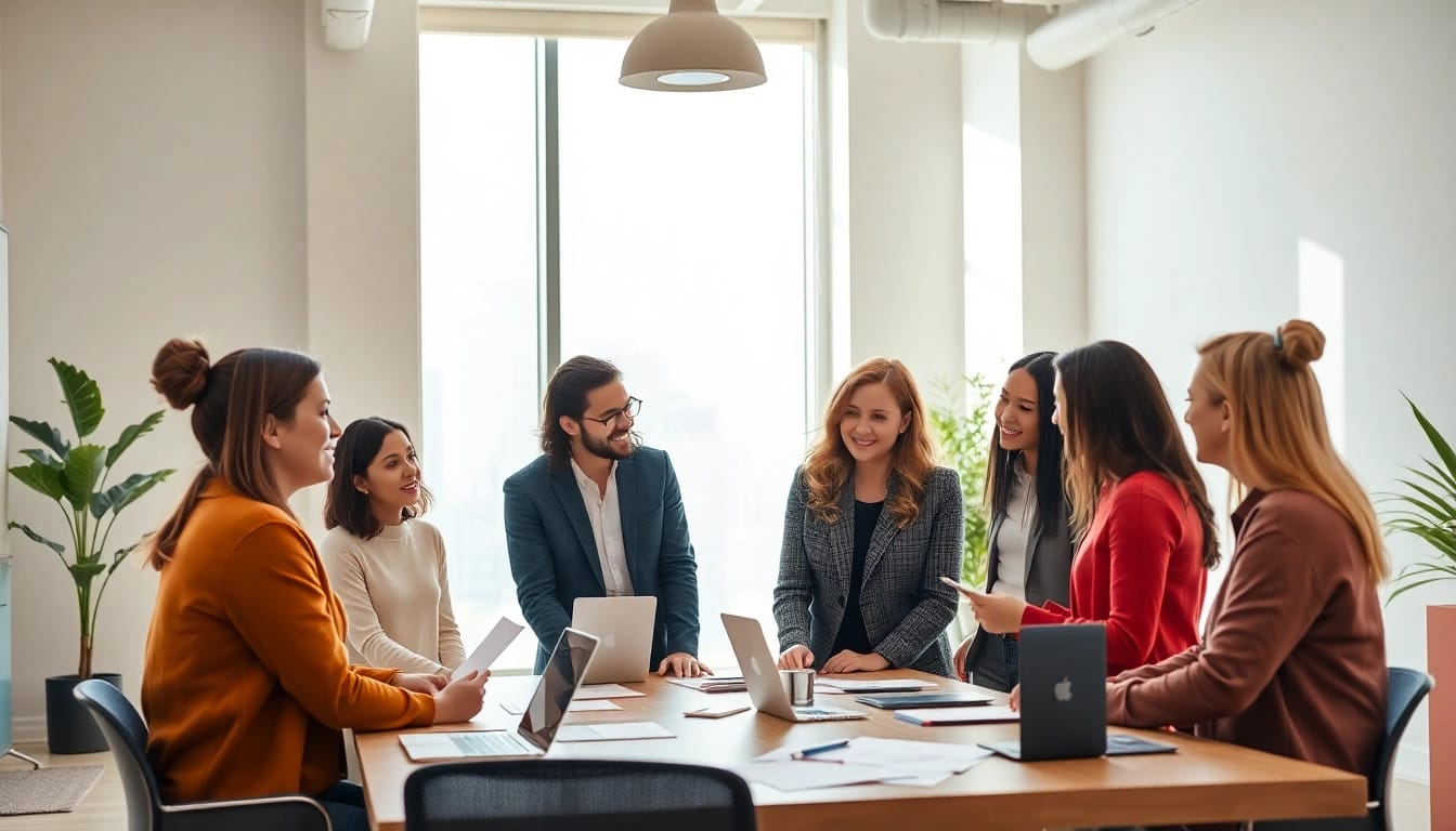 Team collaborating in an office for Unternehmensberatung services, showcasing professionalism and teamwork.
