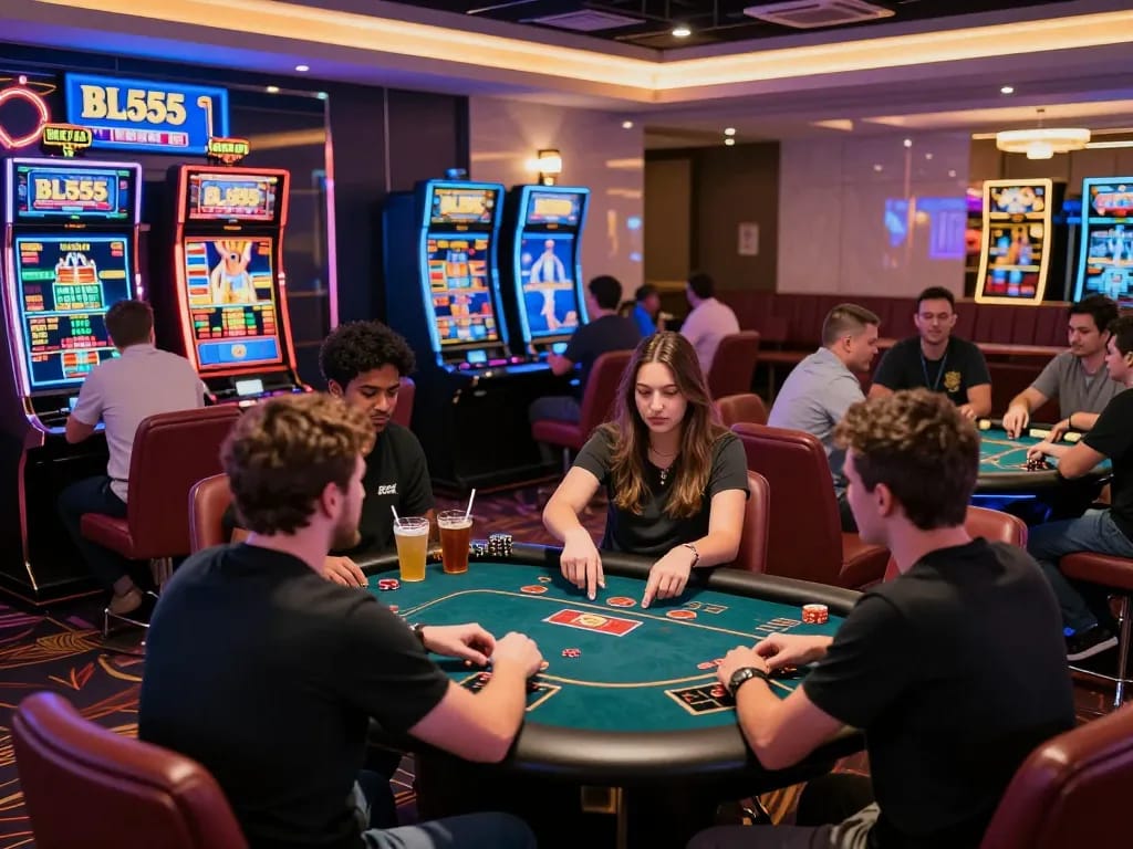 Players enjoying a lively experience at BL555 casino, showcasing diverse games and vibrant atmosphere.