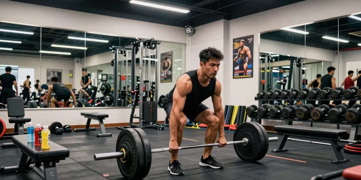 Anabolika Shop - Bodybuilder trainiert mit Gewichten im Fitnessstudio zur Muskelaufbau.