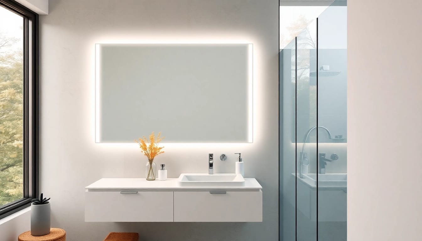 Präsentieren Sie einen eleganten spiegelschrank led, der warmes Licht für eine stilvolle Badezimmeratmosphäre bietet.