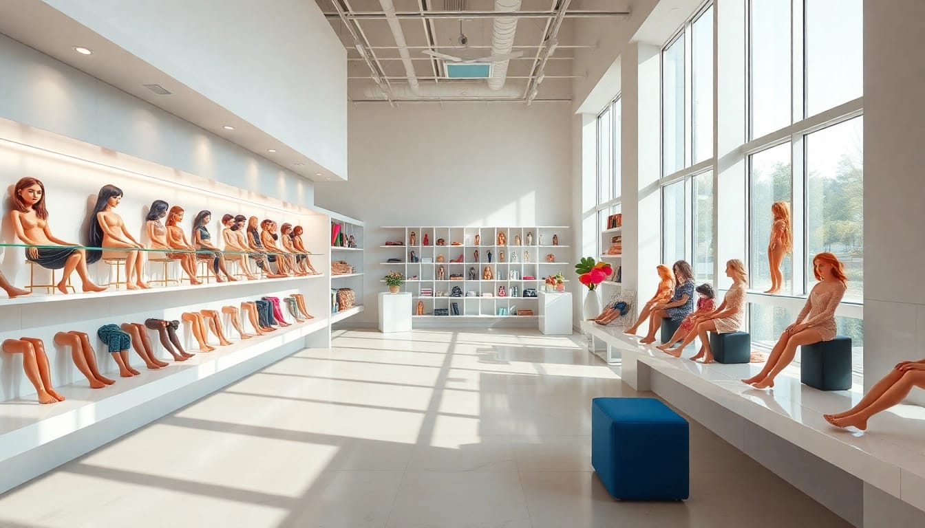 Kunden im silikon love doll store betrachten hochwertige Puppen in stilvollem Ambiente.