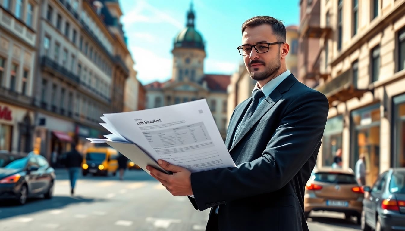 Lkw Gutachter Augsburg bewertet einen Transportauftrag auf einem belebten Stadtplatz in Augsburg.