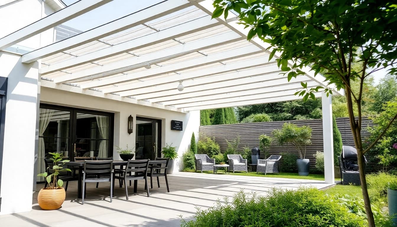Genießen Sie eine stilvolle Terrassenüberdachung mit Markise, die Ihren Outdoor-Bereich verschönert und schützt.