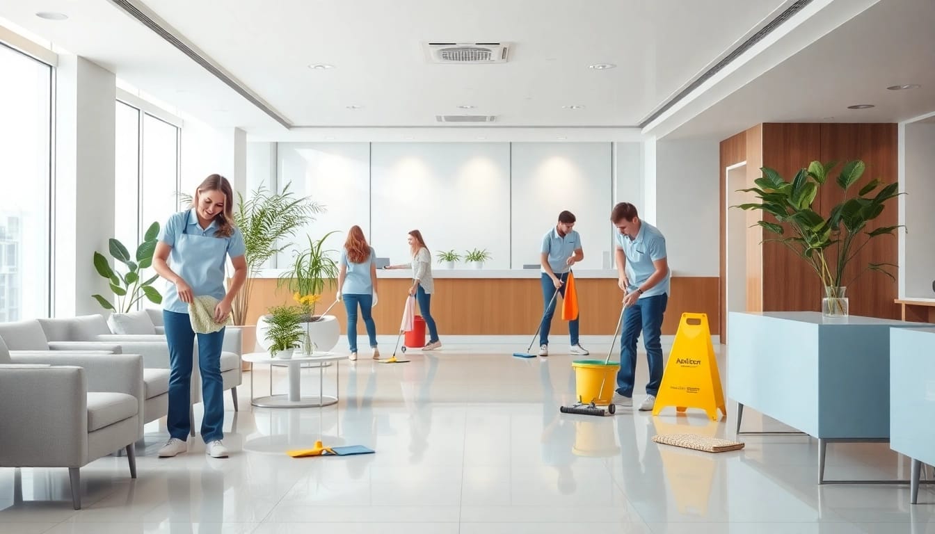 Effiziente Gebäudereinigung Ulm im modernen Büro mit freundlichem Personal und sauberen Oberflächen.