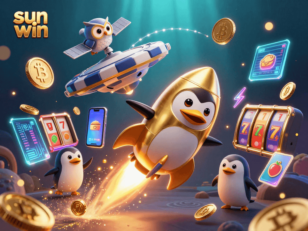 Experience thrilling gameplay with the sun win rocket-powered penguin in a vibrant casino scene.
