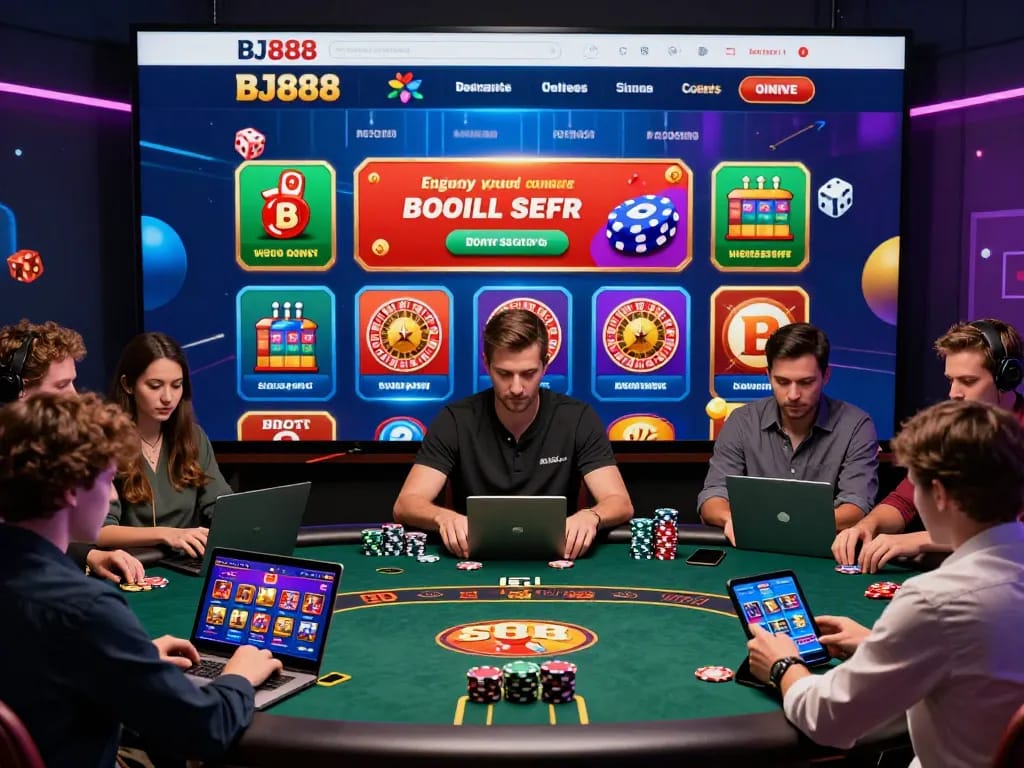 Engaged players using BJ888 online casino interface on various devices, lively gaming atmosphere.