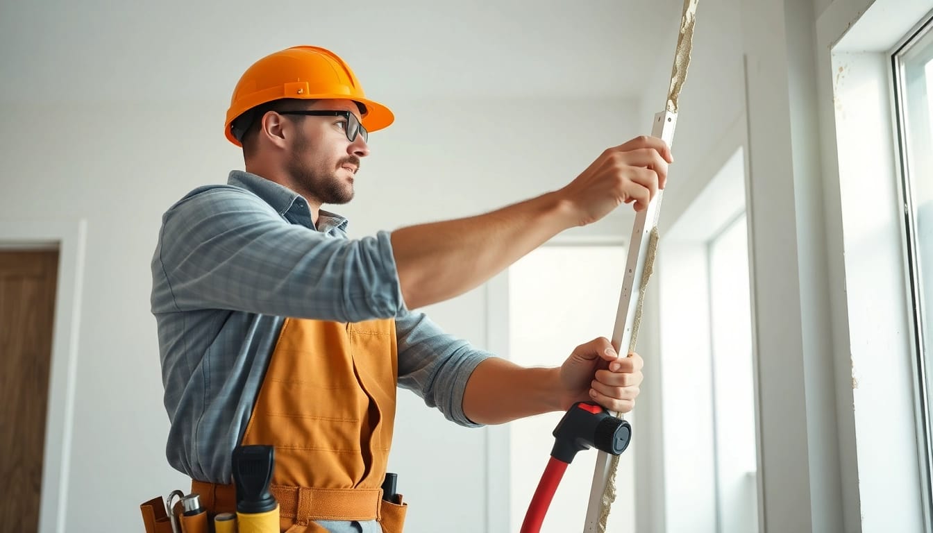Installing drywall with precision in a well-lit home renovation.