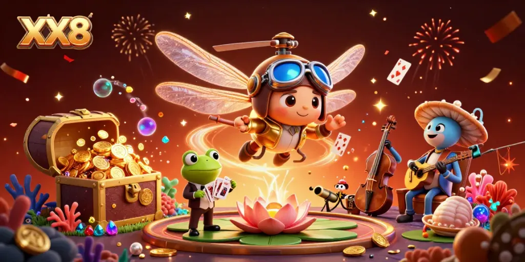 Join the fun at XX8 casino with a vibrant scene of characters, cards, and celebration!
