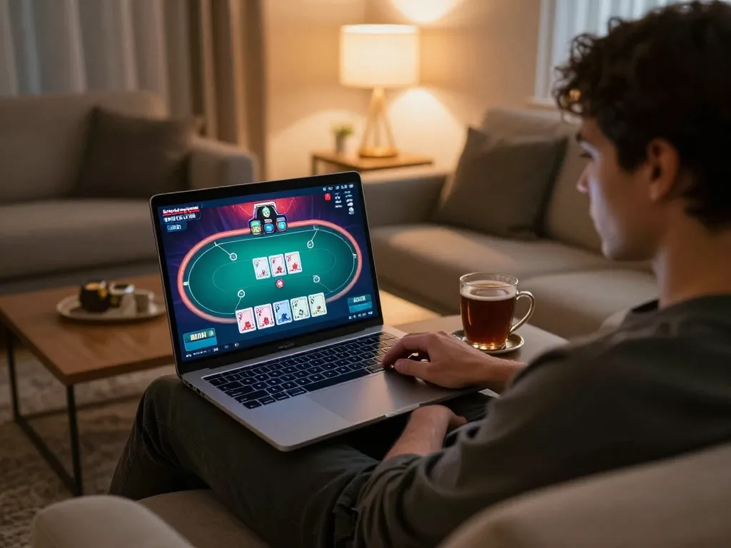 iwin player engaging in an online poker game with vibrant interface on laptop, cozy living room