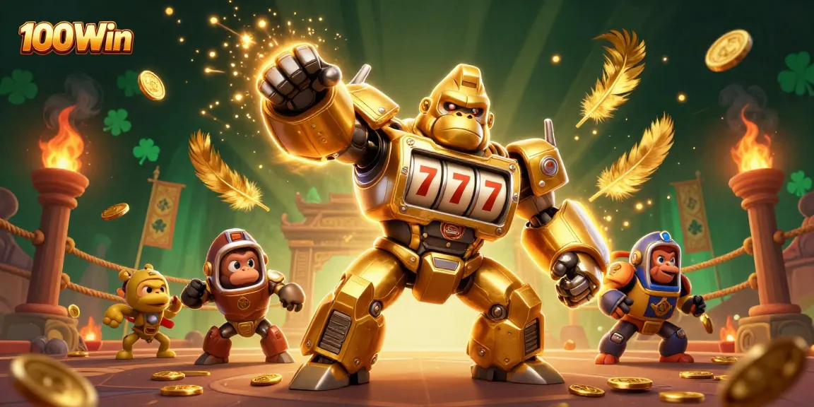 Experience exciting wins at 100Win with vibrant 3D casino-themed illustration featuring dynamic golden gorilla mech.