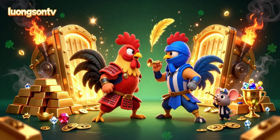 Luongsontv showcases a dynamic showdown between cartoon roosters in a vibrant casino-themed illustration.