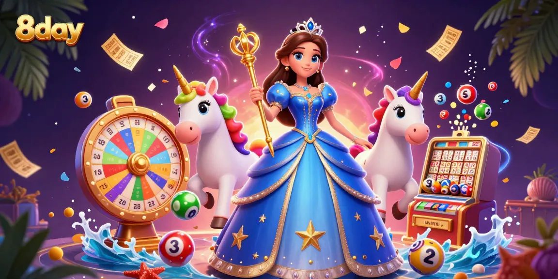 Players enjoy 8day's exciting games with vibrant lotto balls and prize wheel in action.