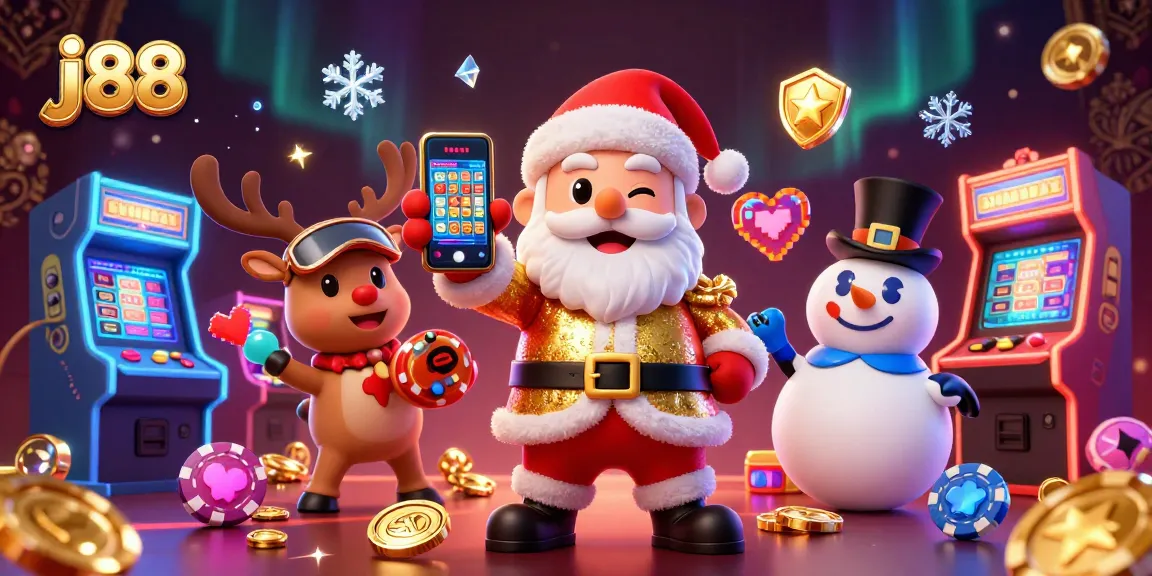 Experience thrilling j 88 jackpots in a vibrant casino scene with Santa and friends.