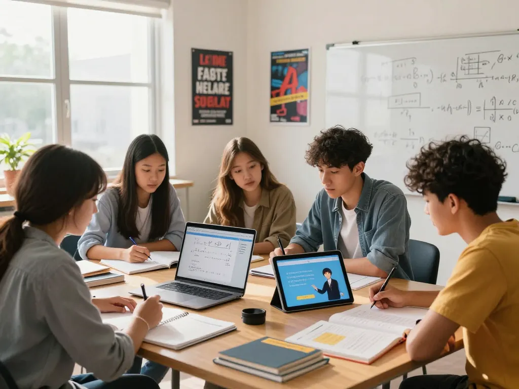 Schüler nutzen Hausaufgaben KI kostenlos für gemeinschaftliche Hausaufgaben in einem hellen Arbeitszimmer.