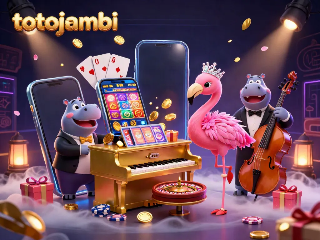 Experience the excitement with totojambi as the vibrant casino scene showcases a flamingo singer and hippo bassist amidst dynamic gaming elements.