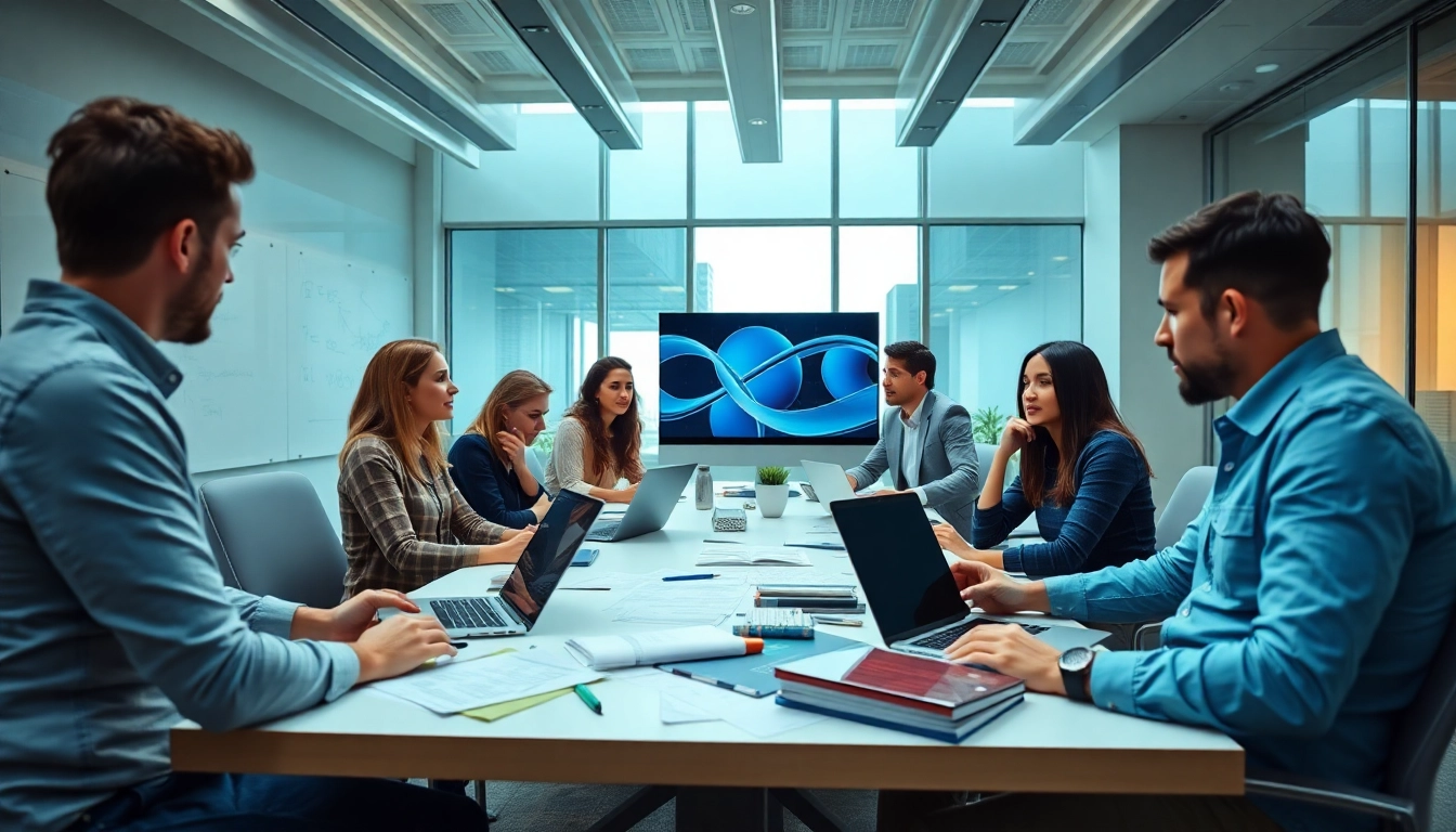Online Marketing Team collaborating in a modern office workspace with diverse interaction.