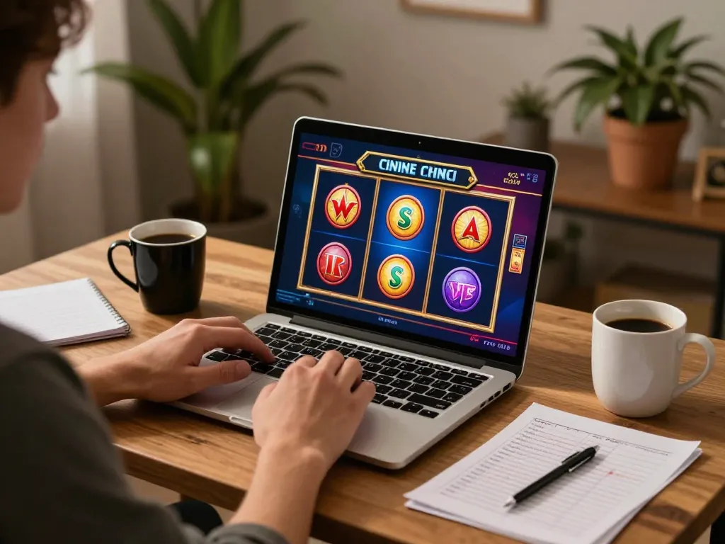 Engaging SC88 gaming session on a laptop with colorful slots and strategic notes at home