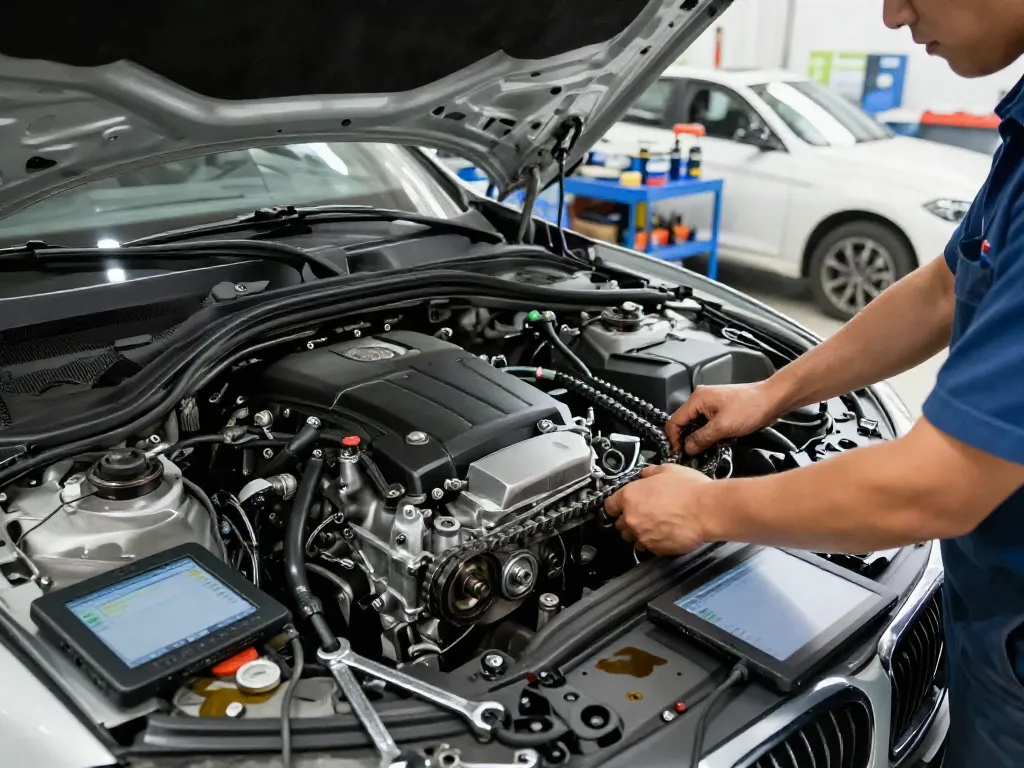 Mechaniker inspiziert Steuerkette in BMW Werkstatt für Steuerkette wechseln Hannover