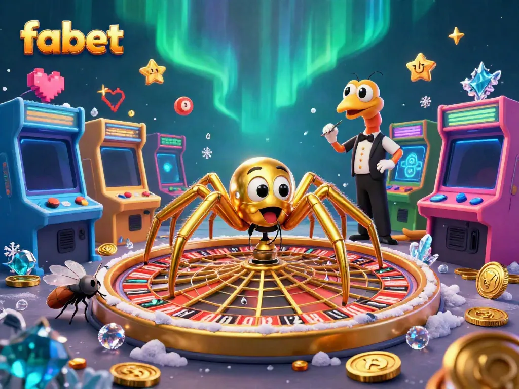 Engage in thrilling bets at fabet with a vibrant scene of gaming excitement, ruled by a golden roulette spider.