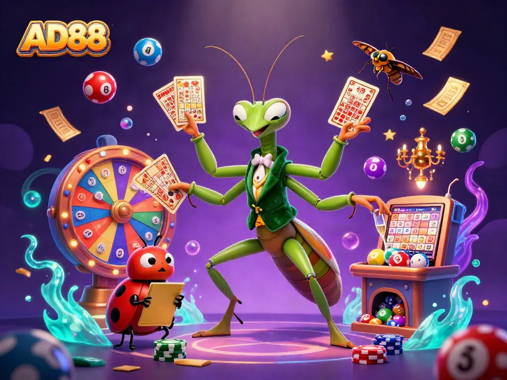 Experience the vibrant world of AD88 with colorful games and dynamic characters in this thrilling casino scene.