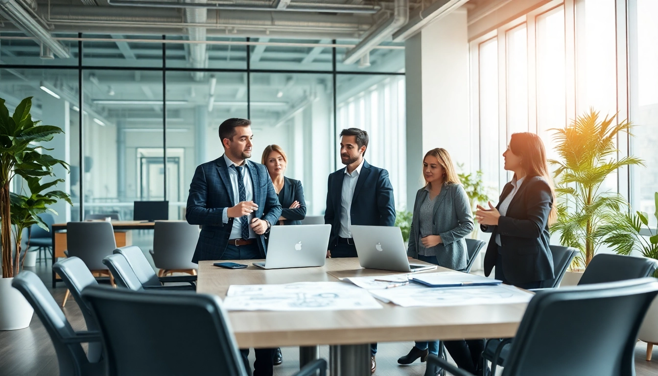 Headhunter Ingenieure in a professional discussion with engineers in a modern office.