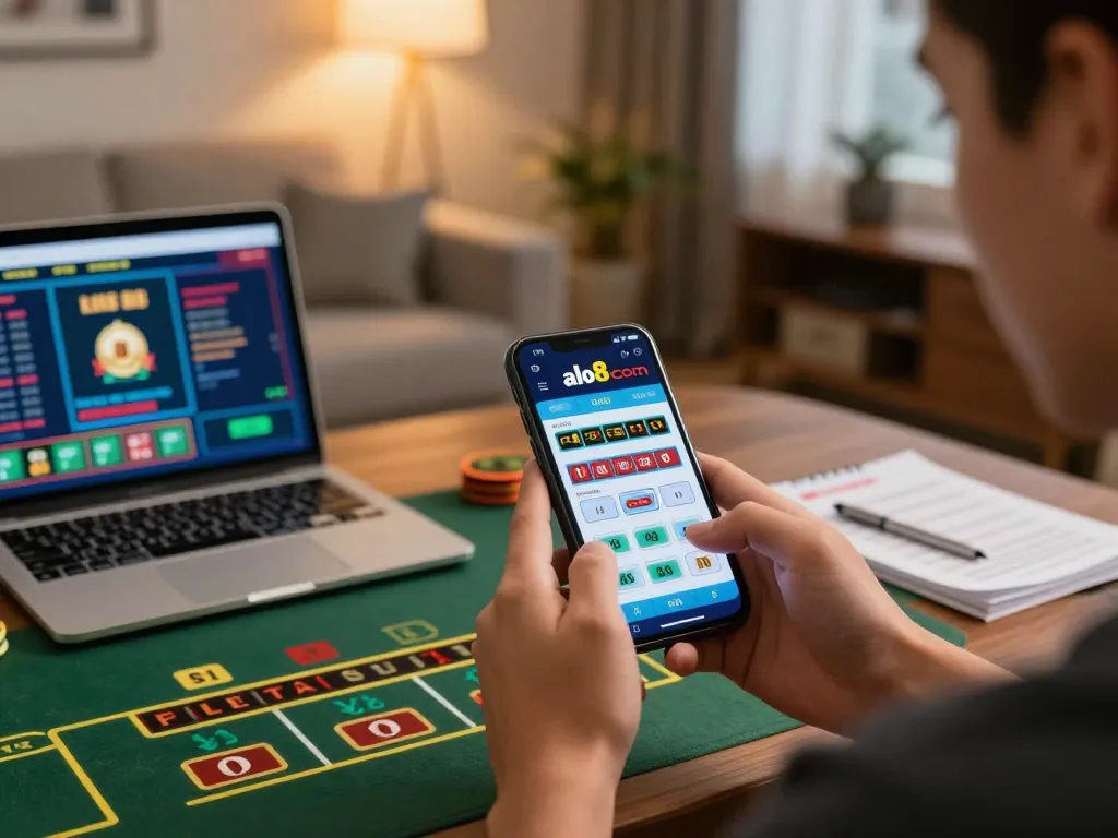 Player engaging with the alo8 com app on smartphone, showcasing online gambling excitement in a cozy environment