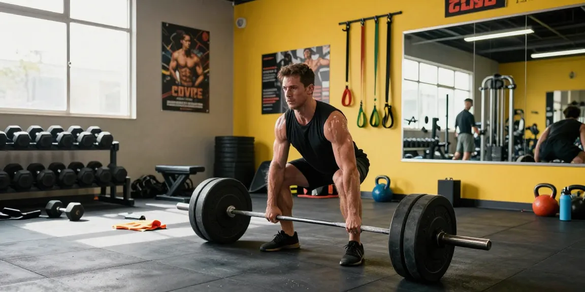 Kraftsportler hebt Gewichte in einem energiegeladenen Fitnessstudio von Steroidshop.