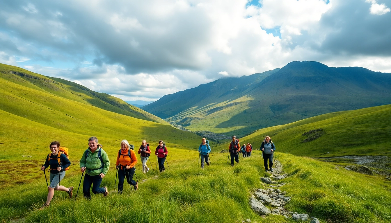 Wanderer genießen das wandern in Irland auf einer malerischen Landschaft mit grünen Hügeln.