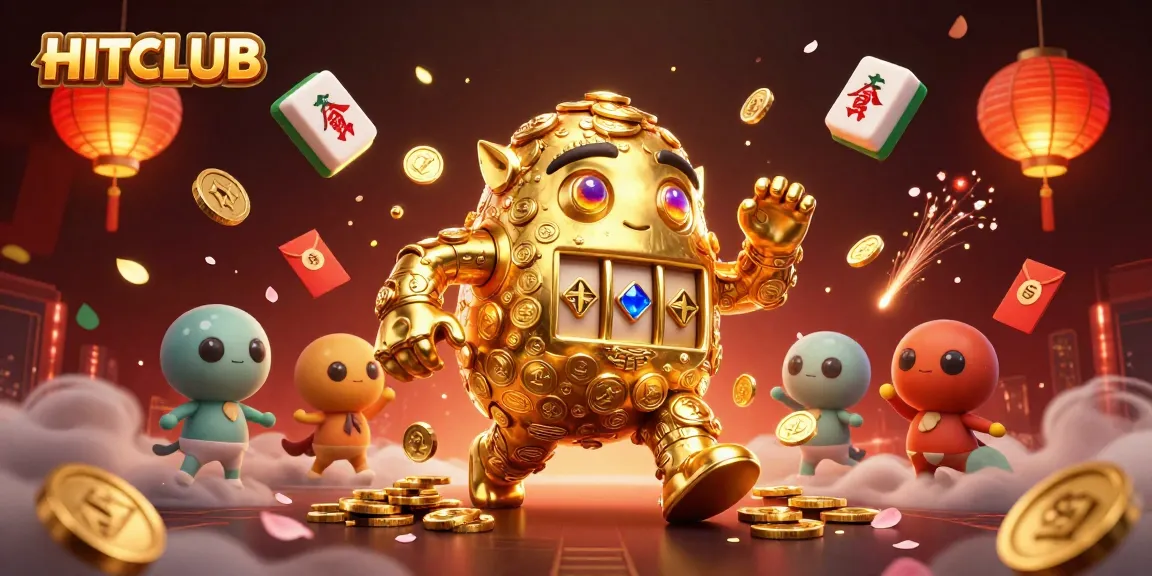Engage with the immersive HITCLUB 3D casino illustration, featuring a golden golem surrounded by rich gaming elements.