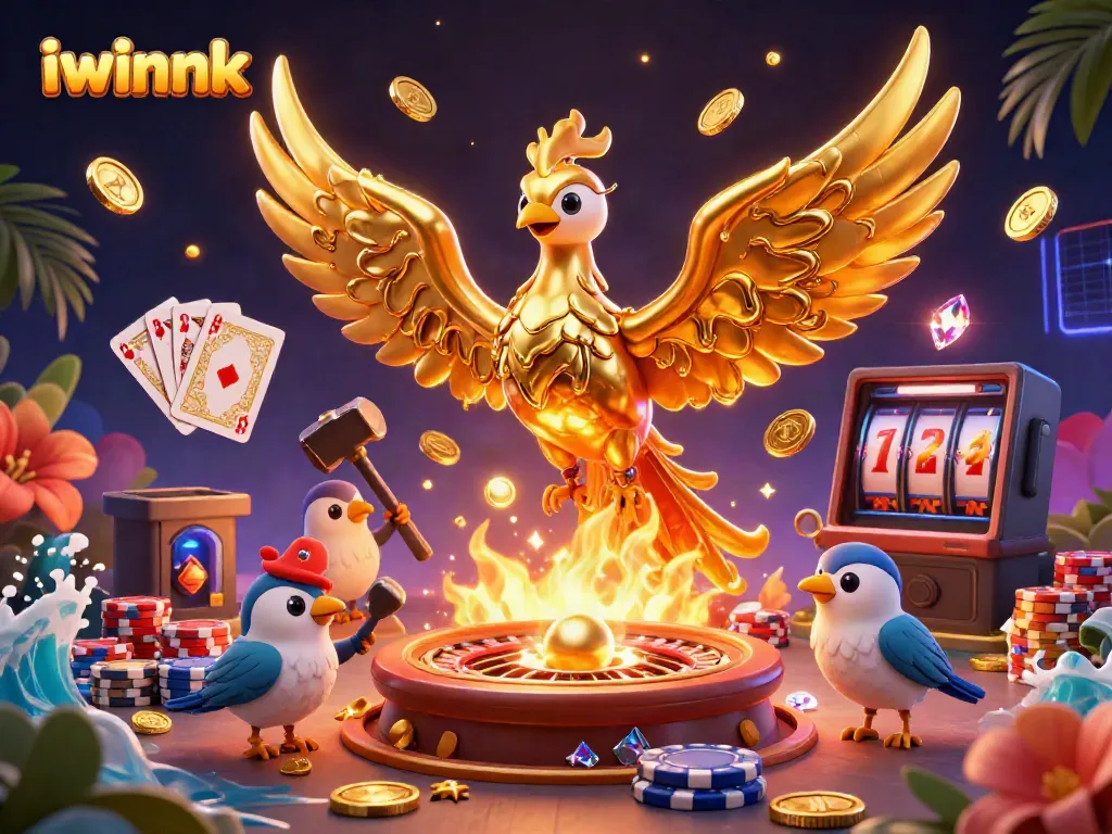 iwinnk showcases a golden phoenix and sparrow assistants, surrounded by vibrant casino elements.