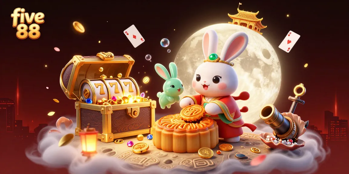 Engage with five 88's thrilling atmosphere featuring a moon rabbit and a vibrant casino scene with slots.