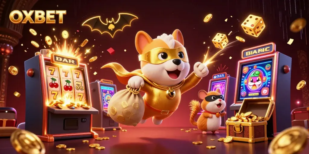 Join the fun with OXBET's colorful casino illustration featuring a superhero dog and treasure-filled adventures.