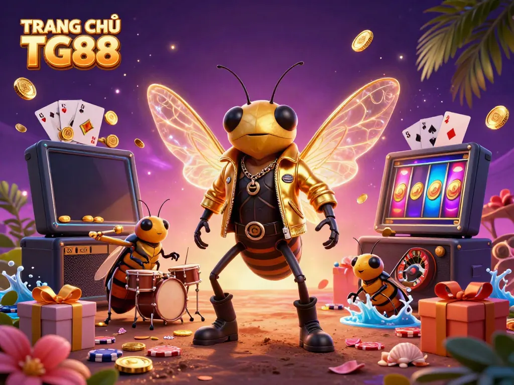 Experience TRANG CHỦ TG88 with a vibrant scene of a cicada rock star and casino games in 3D.