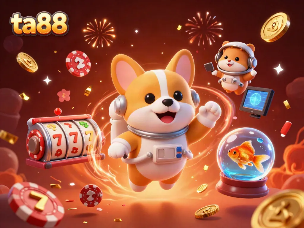 Engage in exciting gaming action at ta88 with floating slot reels and vibrant festive elements.