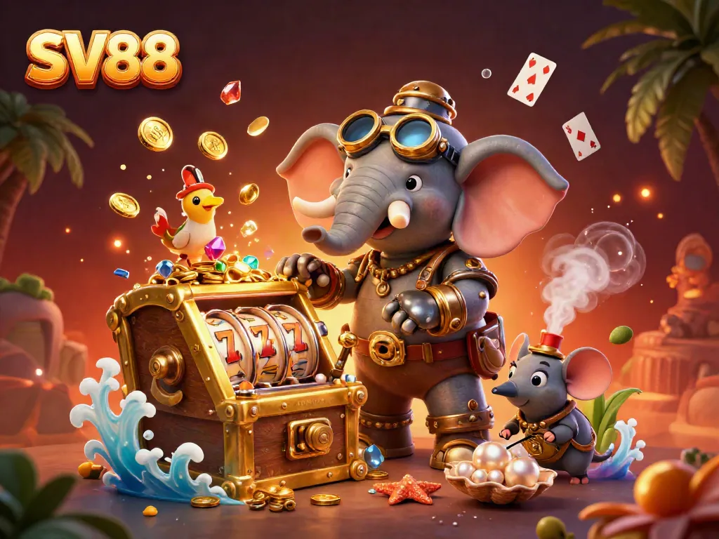 Spin the SV88 slot machine as a steampunk elephant engineer amidst a treasure-filled underwater scene.