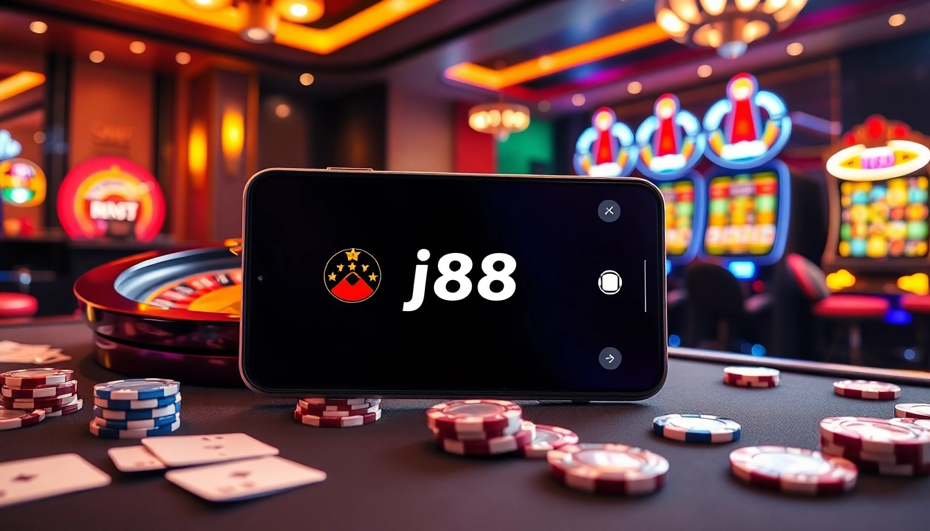 Experience excitement with the j88 app interface on a stylish casino backdrop.