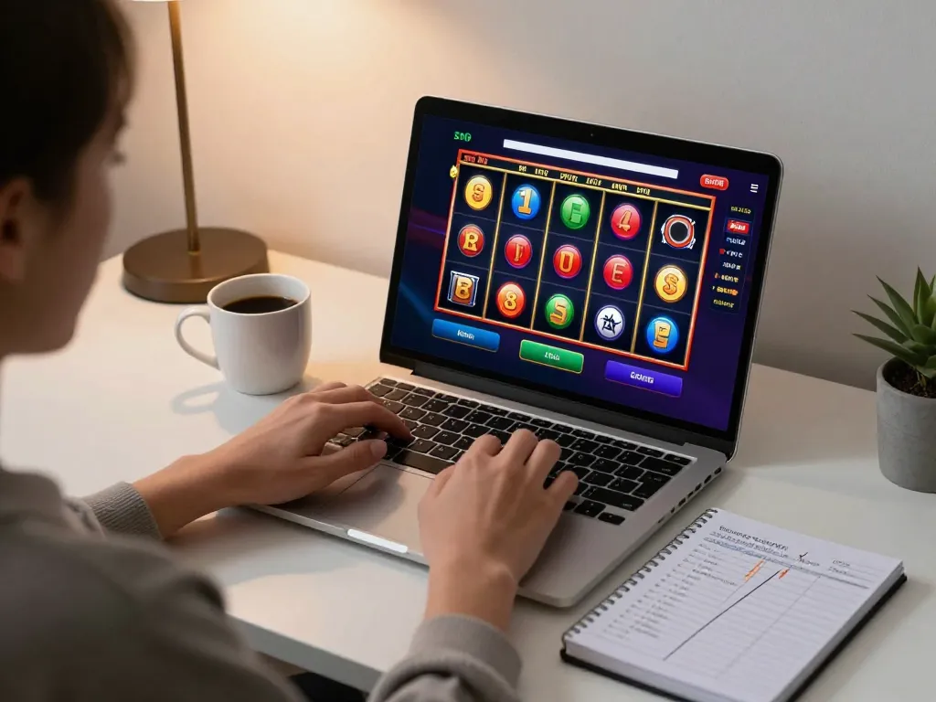 Engaging in 99win online gambling with vibrant slot gameplay on a laptop.