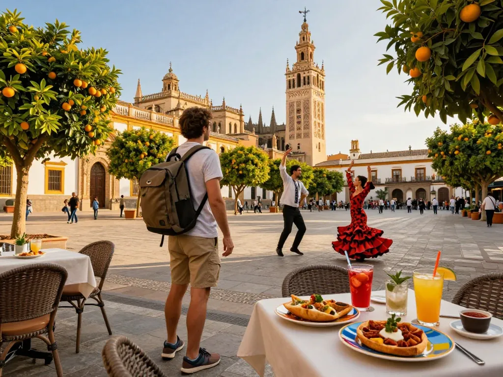Reisetipps Sevilla: Ein Reisender genießt Tapas inmitten der atemberaubenden Architektur und lebendigen Atmosphäre Sevillas und erlebt die lokale Kultur.