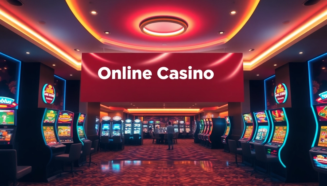 Entdecken Sie großartige Online Casino Bonus Angebote in einer einladenden Casino-Lobby mit leuchtendem Banner.