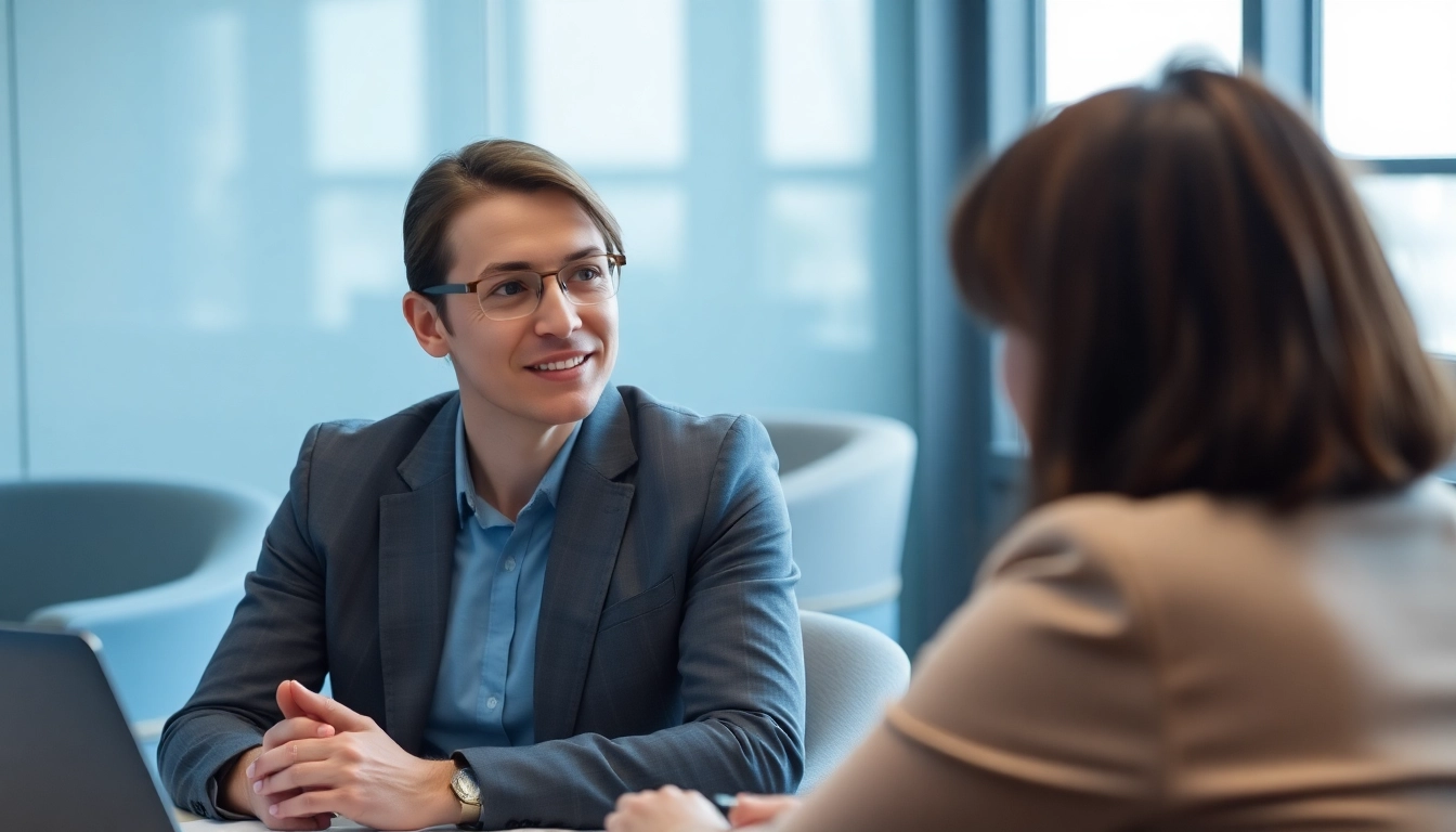 Headhunter discussing career opportunities with a candidate in a bright office.