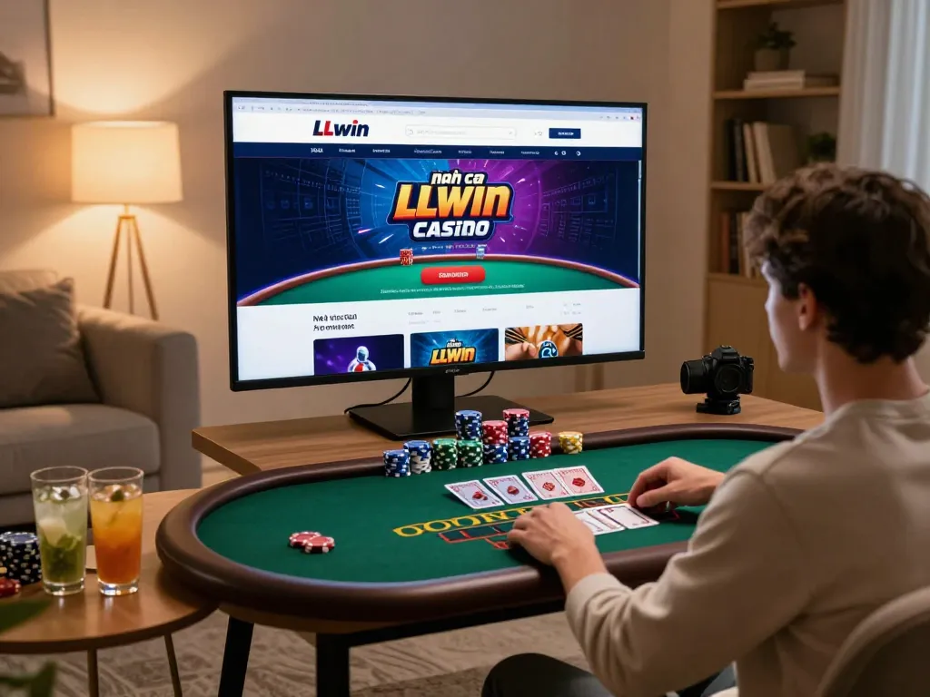 Engaging in live blackjack at nhà cái LLwin on a modern setup, showcasing strategic gameplay.