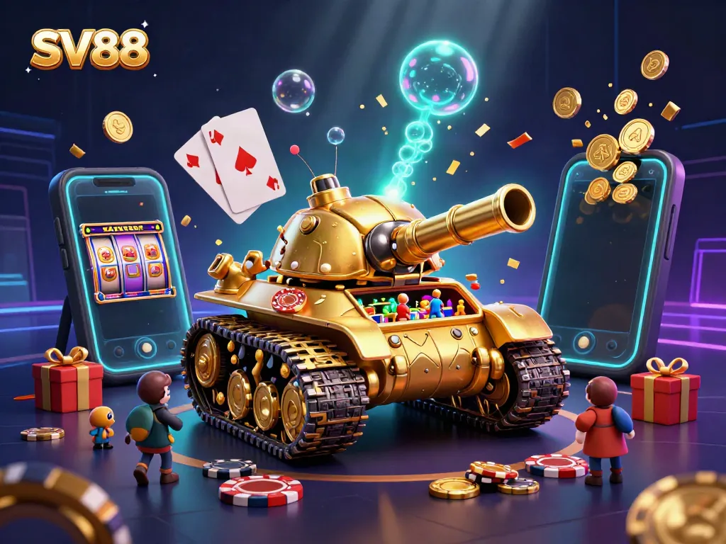 Enjoy an engaging scene of SV88, featuring a whimsical golden beetle tank casino surrounded by vibrant slot game elements.