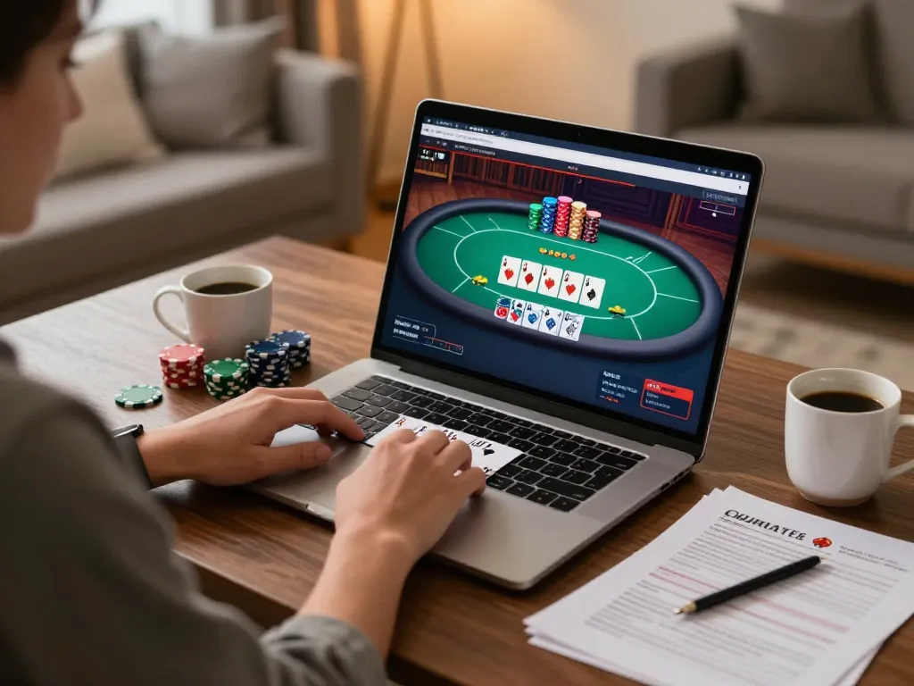 KUBET player engaging in exciting online poker game at home, showcasing strategic gameplay.